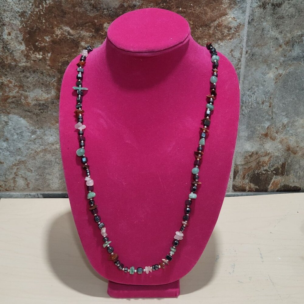 Long Beaded Stones Necklace Single Strand